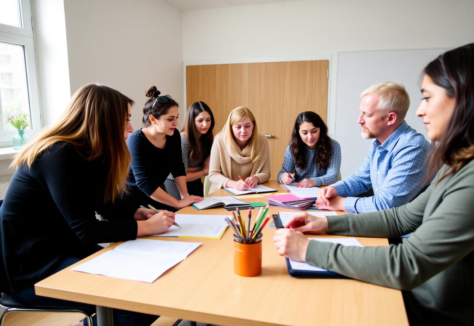 Profesori și elevi lucrând împreună într-un atelier de mentorat